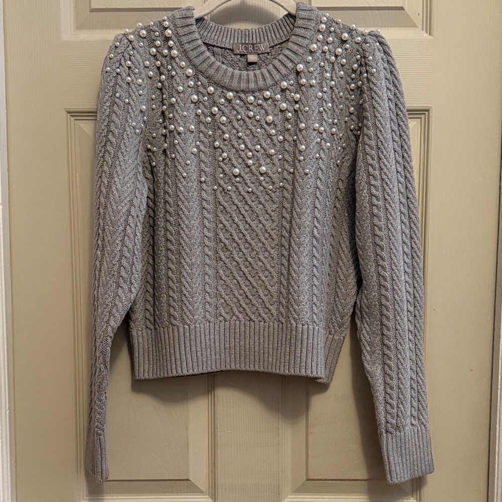 J. Crew Pearl Embellished Gray Sweater